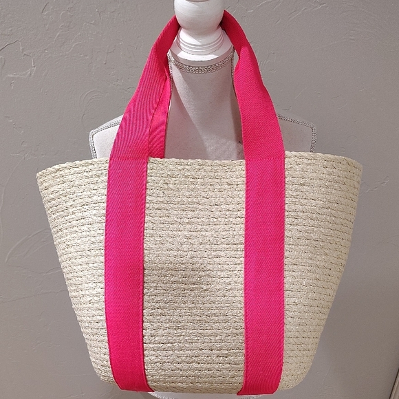 Off White Tote With Pink Straps Large Beach Tote Bag - Picture 1 of 4